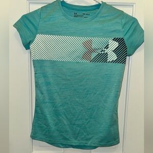 Girls Under Armour Aqua blue HeatGear Top tee t-shirt s/s Youth medium YMD EUC
